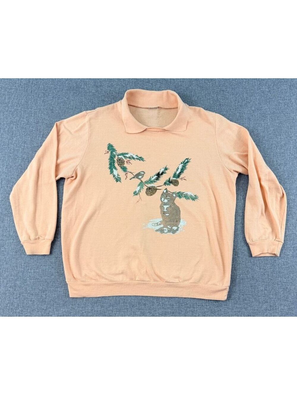 Vintage Cat & Bird Friends Pink Winter Themed Collared Sweatshirt Size L
